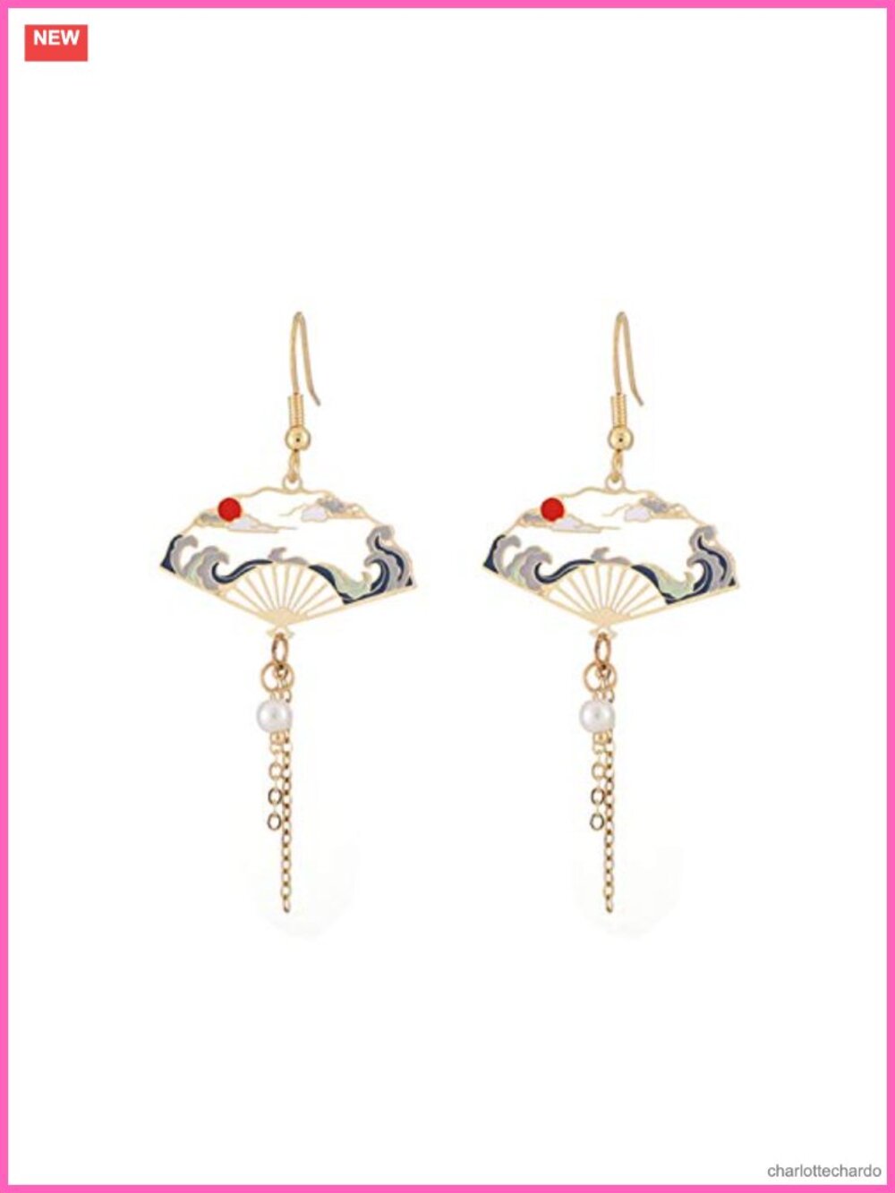 Chinese Fan Dangle Earrings Gold Tone Alloy Asymmetric Hollow Tassel Jewelry